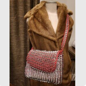 Rare vintage aluminum pop can tab crocheted purse large size capacity Silver/Red